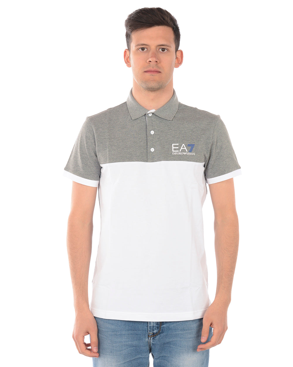 Polo Grigio e Bianco con Logo Stampato - Emporio Armani EA7 - mem39