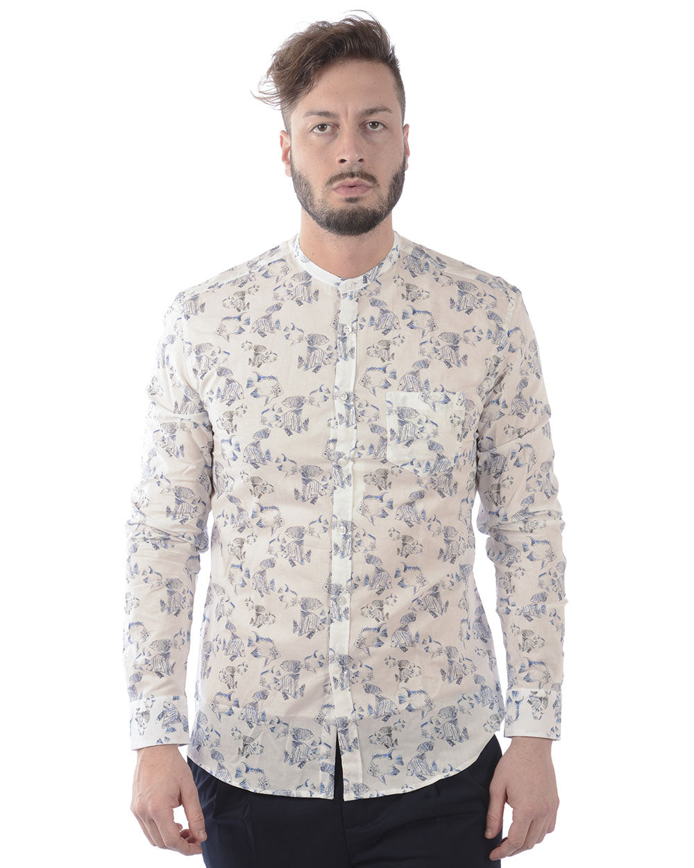 Camicia Daniele Alessandrini Bianco e Blu 100% Cotone - mem39