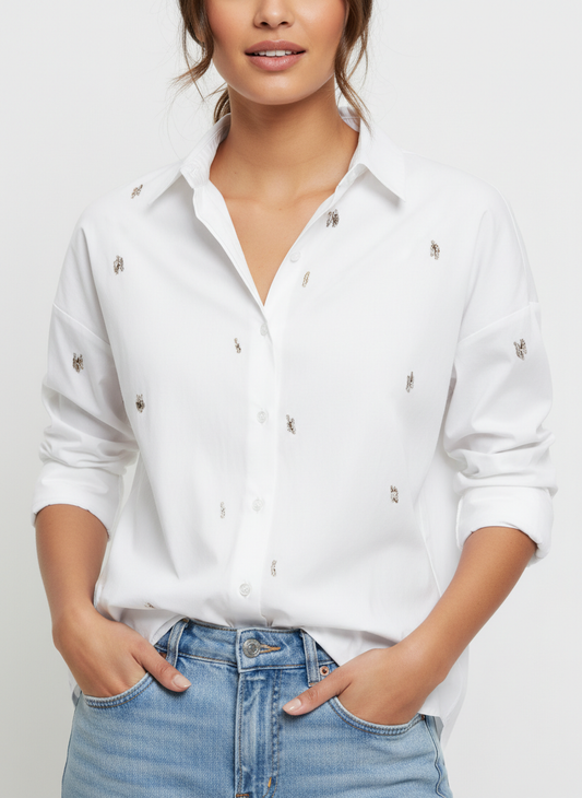 Only camicia manica lunga Oregon con dettagli gioiello bianco