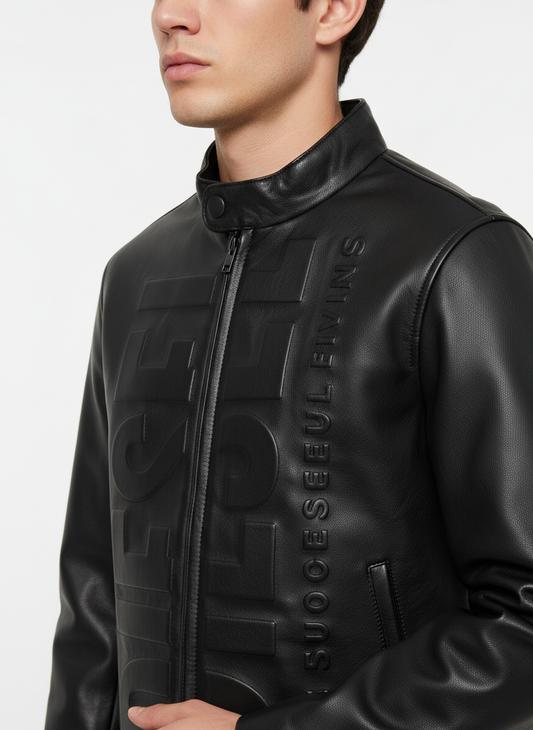 Diesel giubbino biker in ecopelle con logo nero