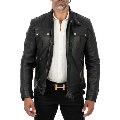 Giacca Biker In Vera Pelle Nera Uomo Slim Chiusura Principale Cerniera E Patta Rindway