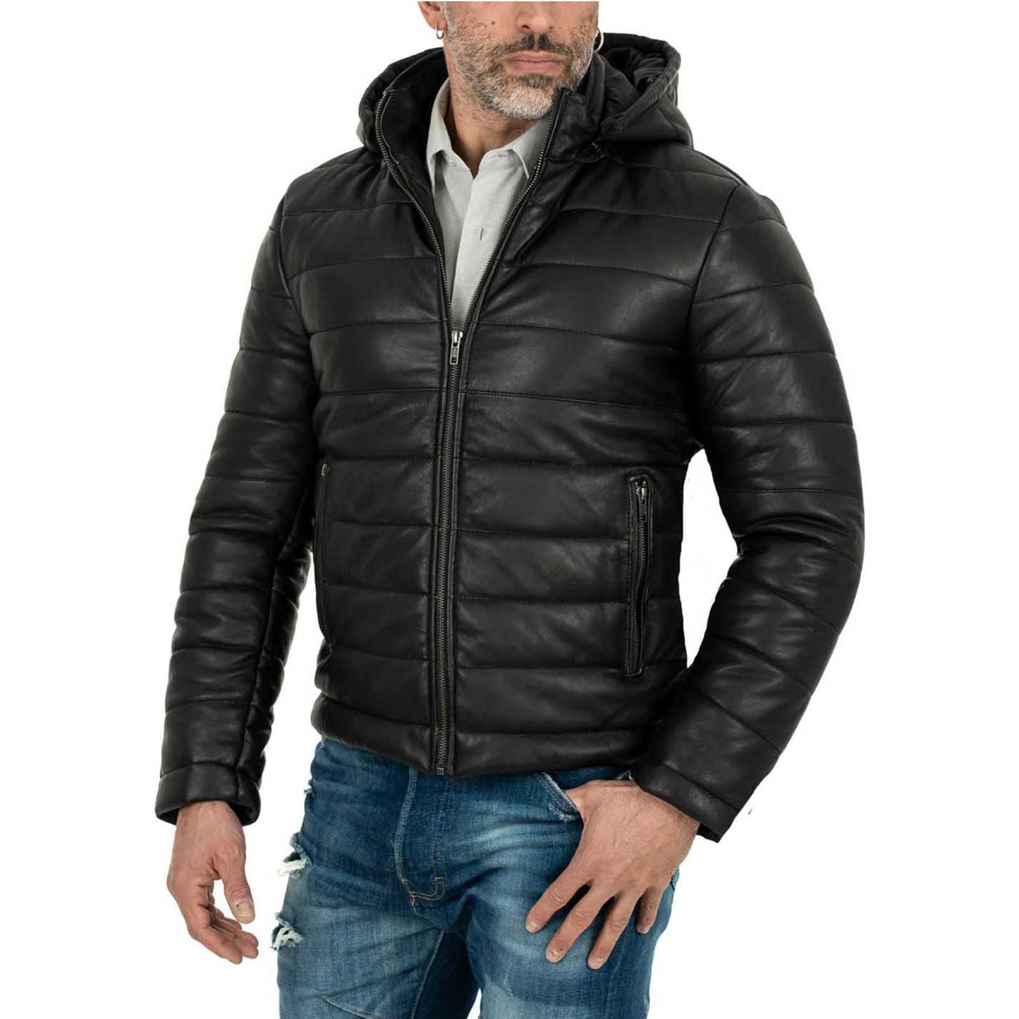 Piumino Giacca In Vera Pelle Nera Uomo Slim Cappuccio Con Cerniera Removibile Rindway
