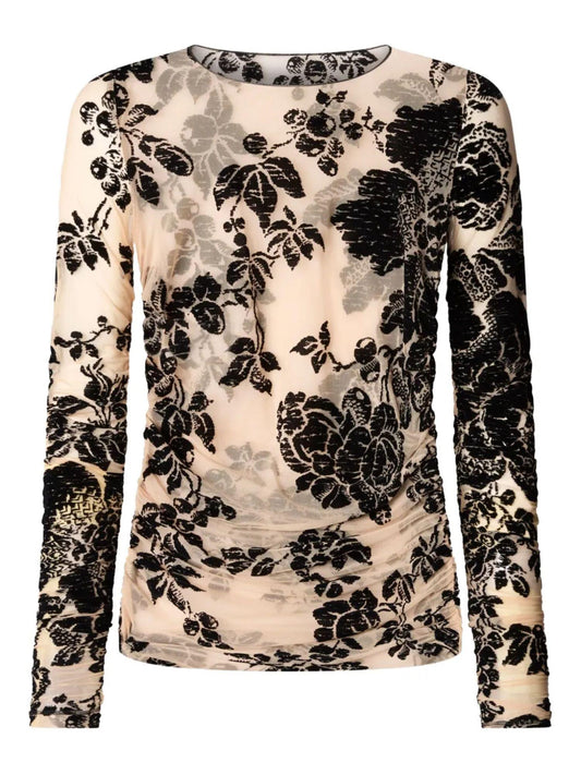 Pinko top Puzzle in tulle floreale flock beige nero