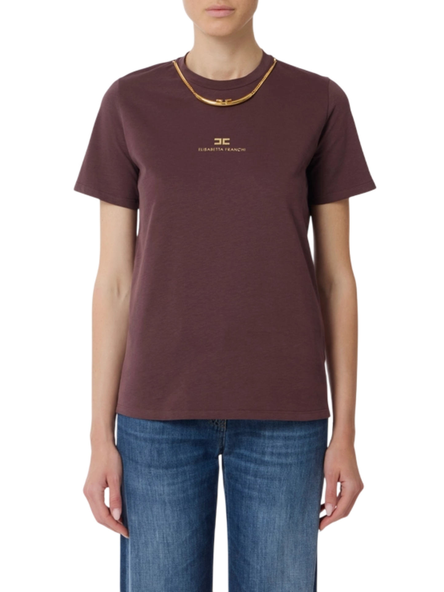 Elisabetta Franchi T-shirt in jersey con collana logata borgogna