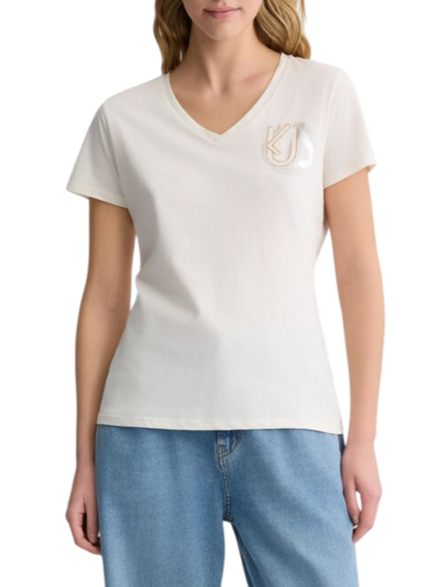 Liu Jo T-shirt scollo a V con logo strass avorio