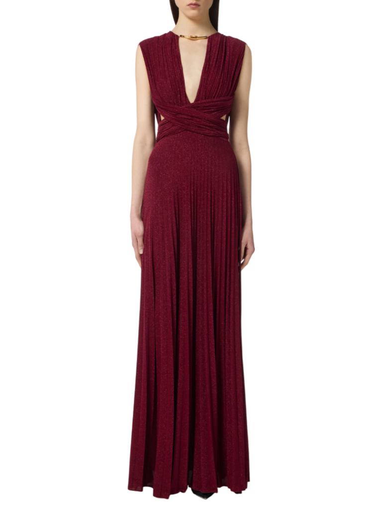 Elisabetta Franchi abito lungo plissè lurex rosso ciliegia