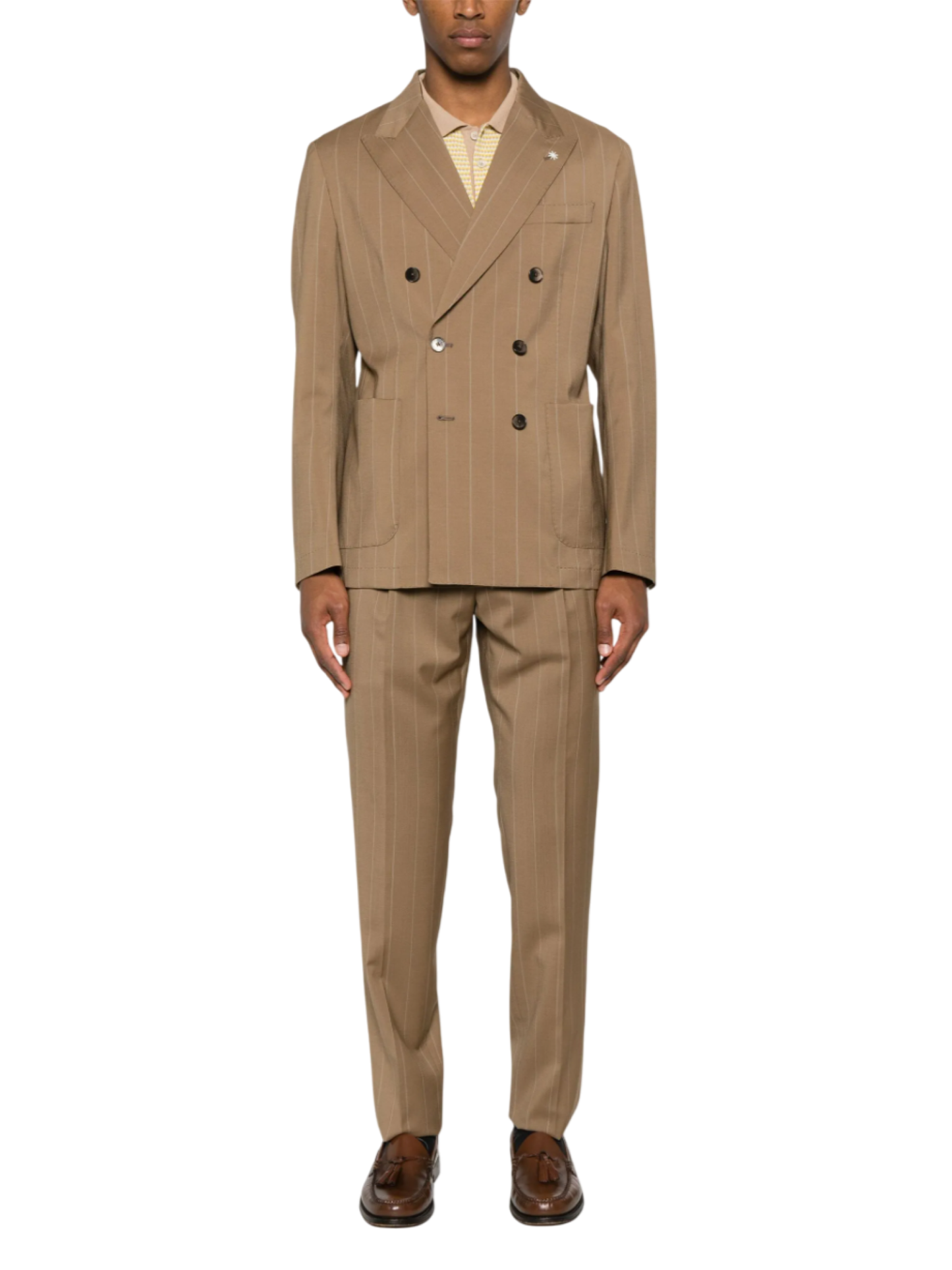 Manuel Ritz abito uomo doppiopetto in fantasia gessata marrone cammello