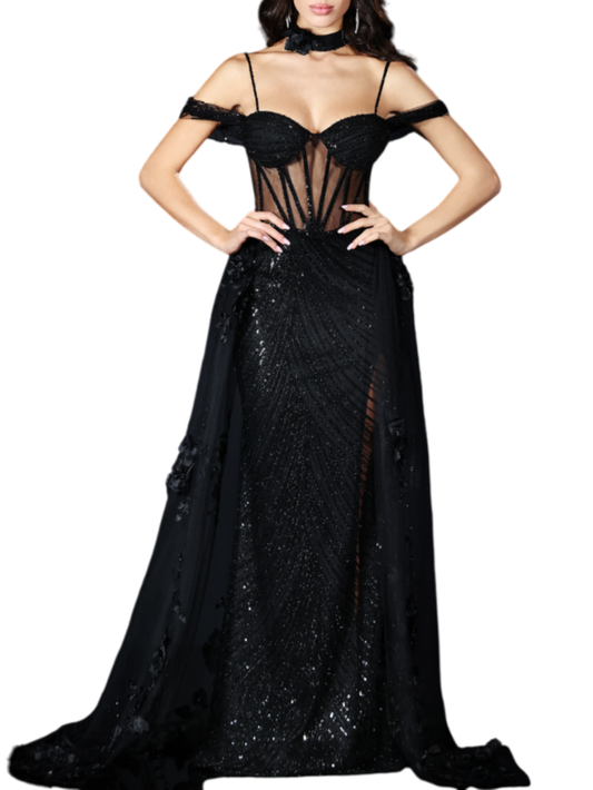 Impero Couture abito da cerimonia con paillettes e strascico con fiori nero