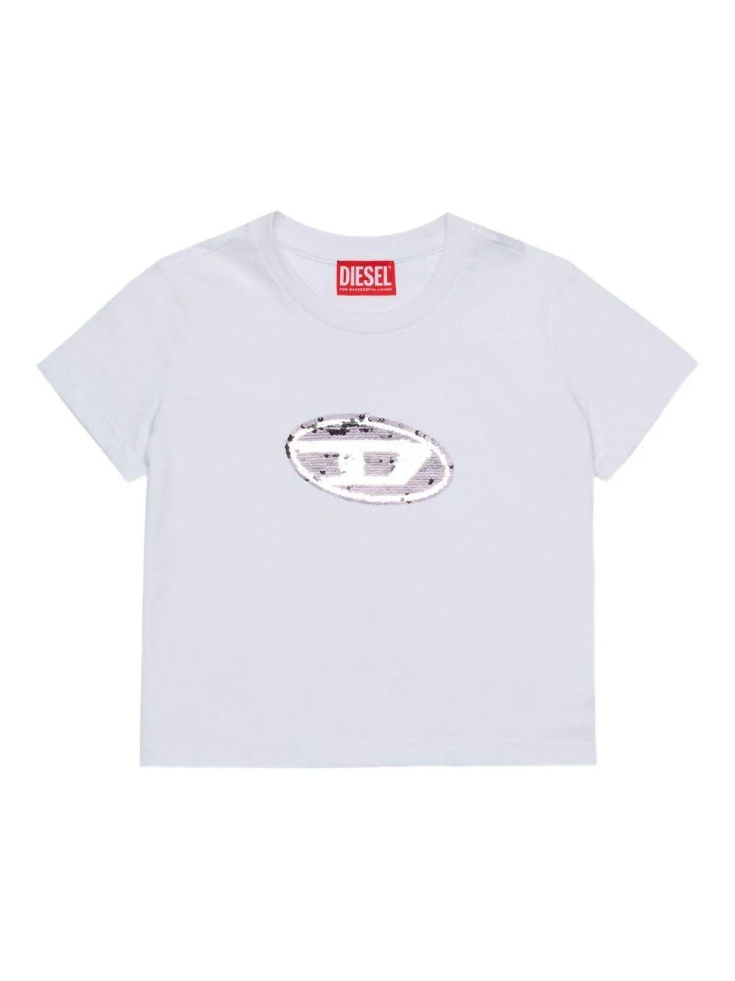 Diesel T-shirt manica corta con logo paillettes bianco