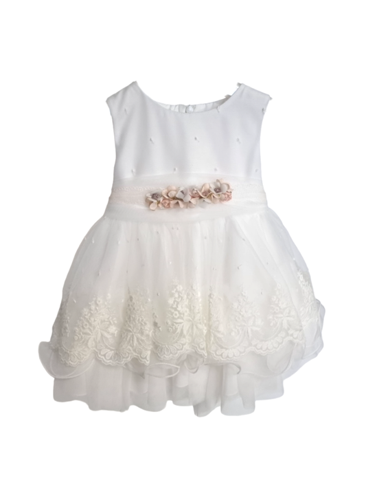 Mimilù abito da cerimonia neonata smanicato in tulle ricamato bianco