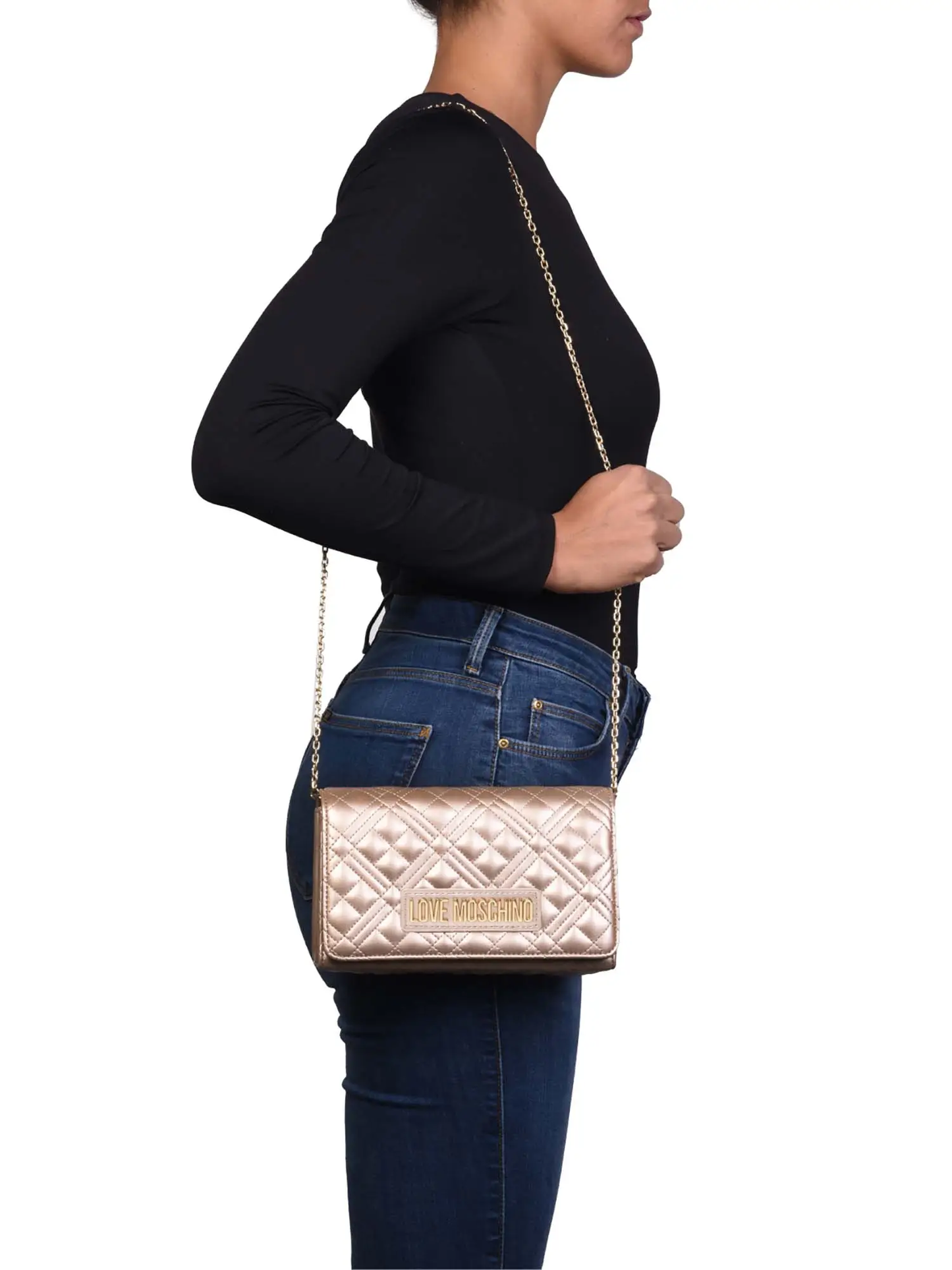 Love Moschino borsa a tracolla in ecopelle trapuntata laminata oro