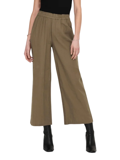 Only pantaloni gamba larga Tokyo in misto lino marrone