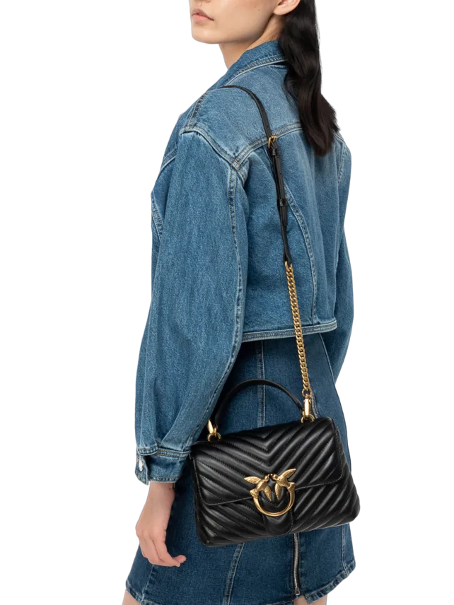 Pinko borsa Love Bag Lady Puff Mini in pelle chevron nero oro - mem39