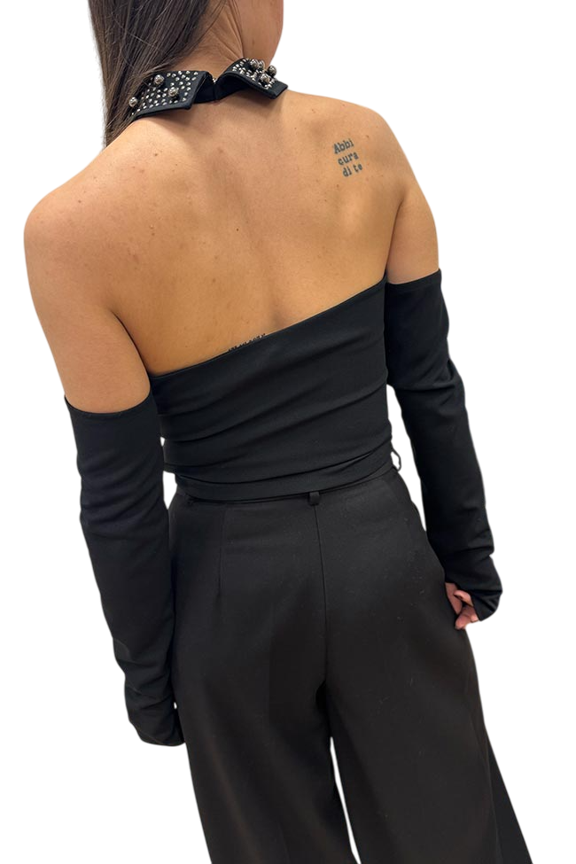Haveone top manica lunga con colletto gioiello nero